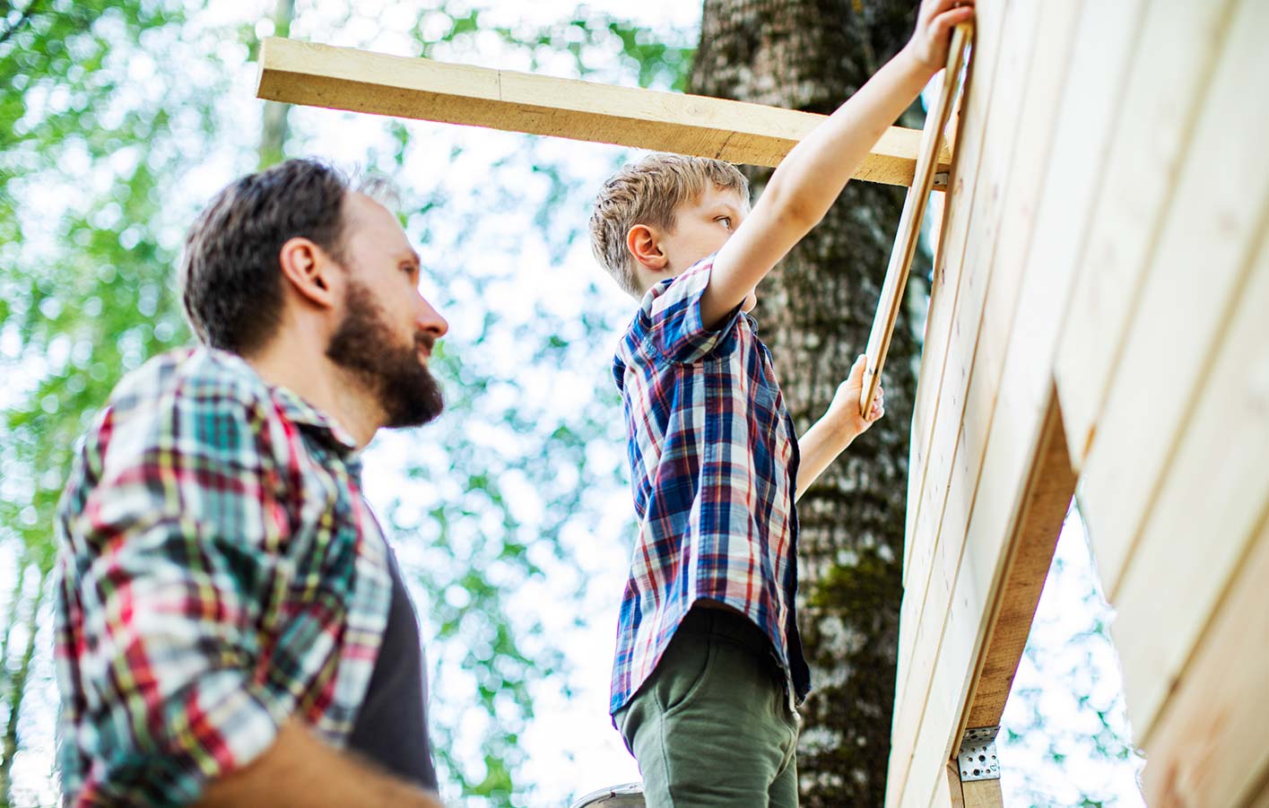 Vater und Sohn bauen ein Baumhaus